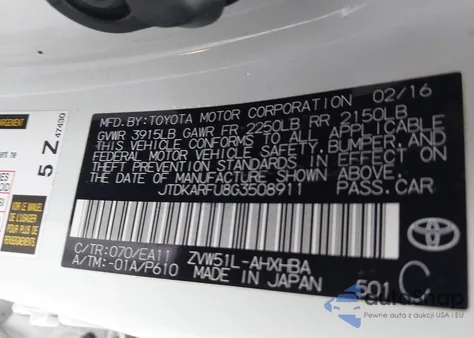 2016 Toyota Prius Three Touring z USA, uszkodzony, nr VIN JTDKARFU8G3508911